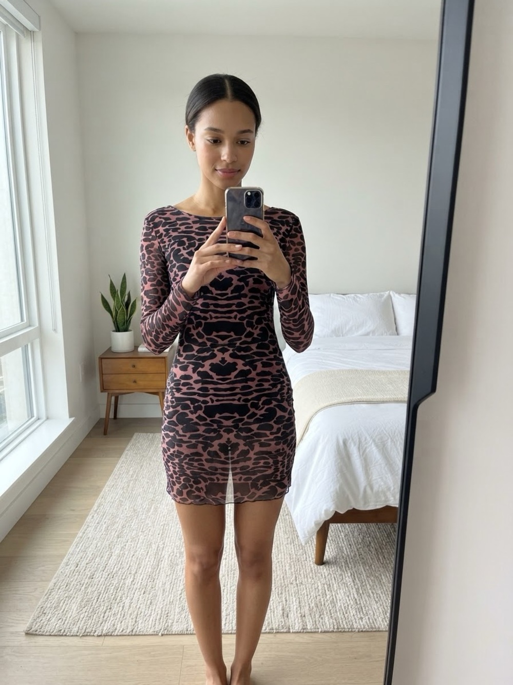 NWOT Blush Pink and Black Long-Sleeve Animal Print Bodycon Mini Dress Sz XS/S